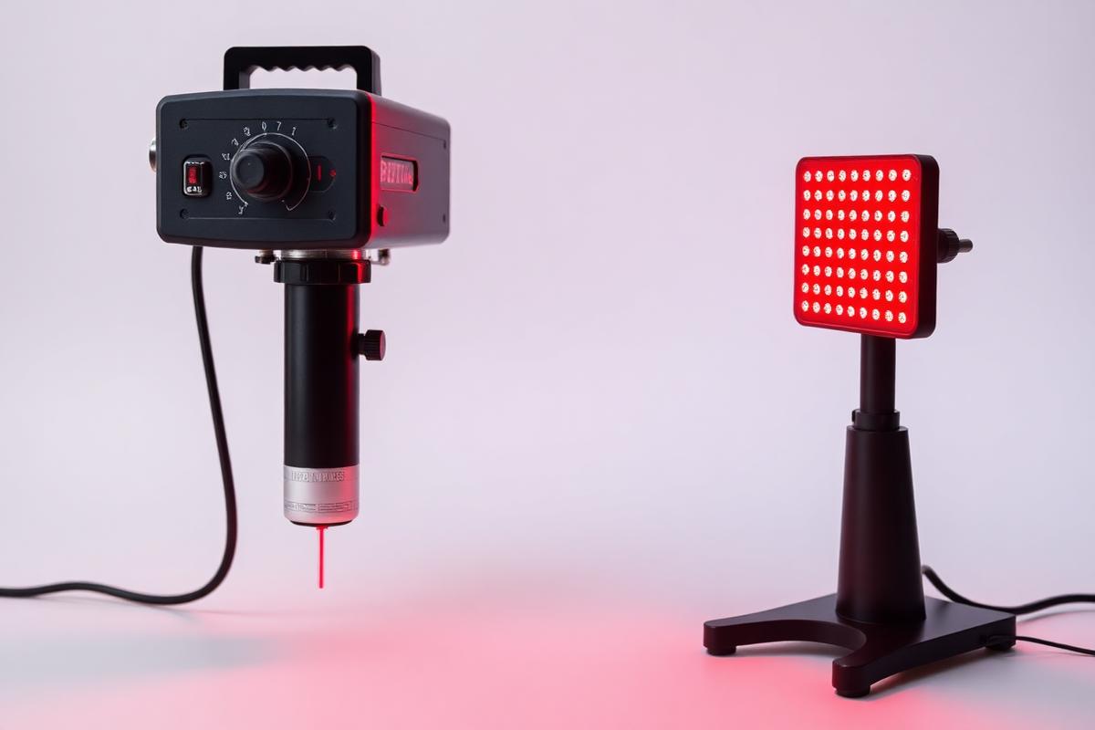 Professional low-level laser device beside a consumer red LED panel
